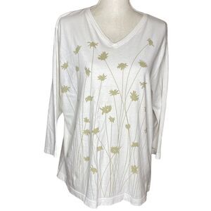 Marushka Wm’s Sz XL White Cream Floral V Neck Long Sleeve T Shirt Blouse